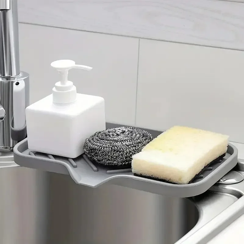 Self Draining Soap Bar Holder Silicone Kitchen Sink Soap Dish Sponge Tray Counter Caddy Organizer for Dish Soap Dispenser