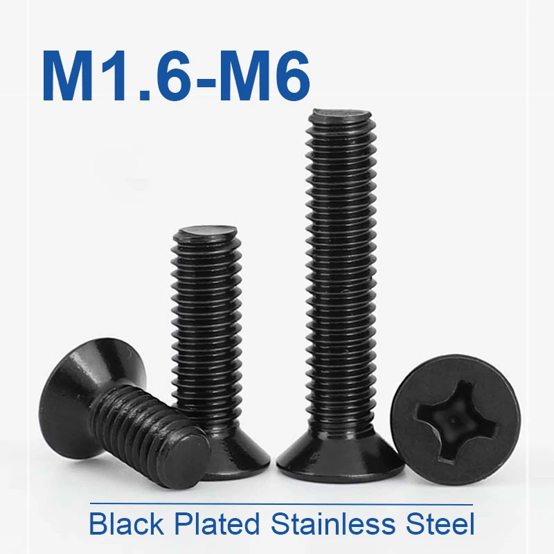 10/ 50pcs M1.6 M2 M2.5 M3 M3.5 M4 M5 M6 Mini Small Black 304 Stainless steel Cross Phillips Flat Countersunk Head Screw Bolt