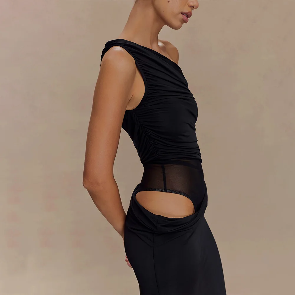 Sexy See-Through Mesh One Shoulder Dress Summer Women Ruffle Long Dress Bodycon Midriff Cut Out Hot Girl Y2K Party