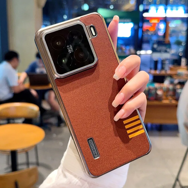 

For Xiaomi 15 14 Pro Case Retro Soft Touch Fabric Raised Metal Frame Camera Lens Protection Plating Silver Cover Contrast Color