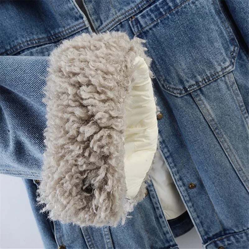 عالية الجودة فو امبسوول التلبيب سميكة الدافئة أسفل بطانة الدنيم سترة الشتاء المرأة معطف أزرق عادية كم طويل كاوبوي ملابس خارجية #6