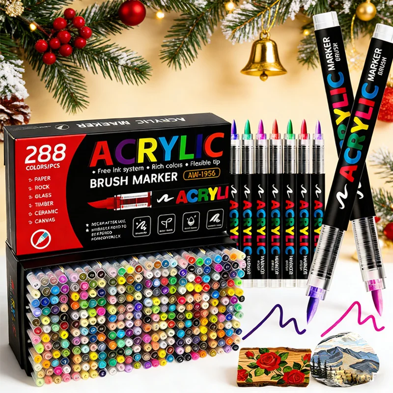 Acrylic Brush Marker Pen Set Free‑ink System Soft Flexible Tip Paint Markers for Rock Ceramic Glass Wood Canvas DIY Art Graffiti Drawing Craft Supplies