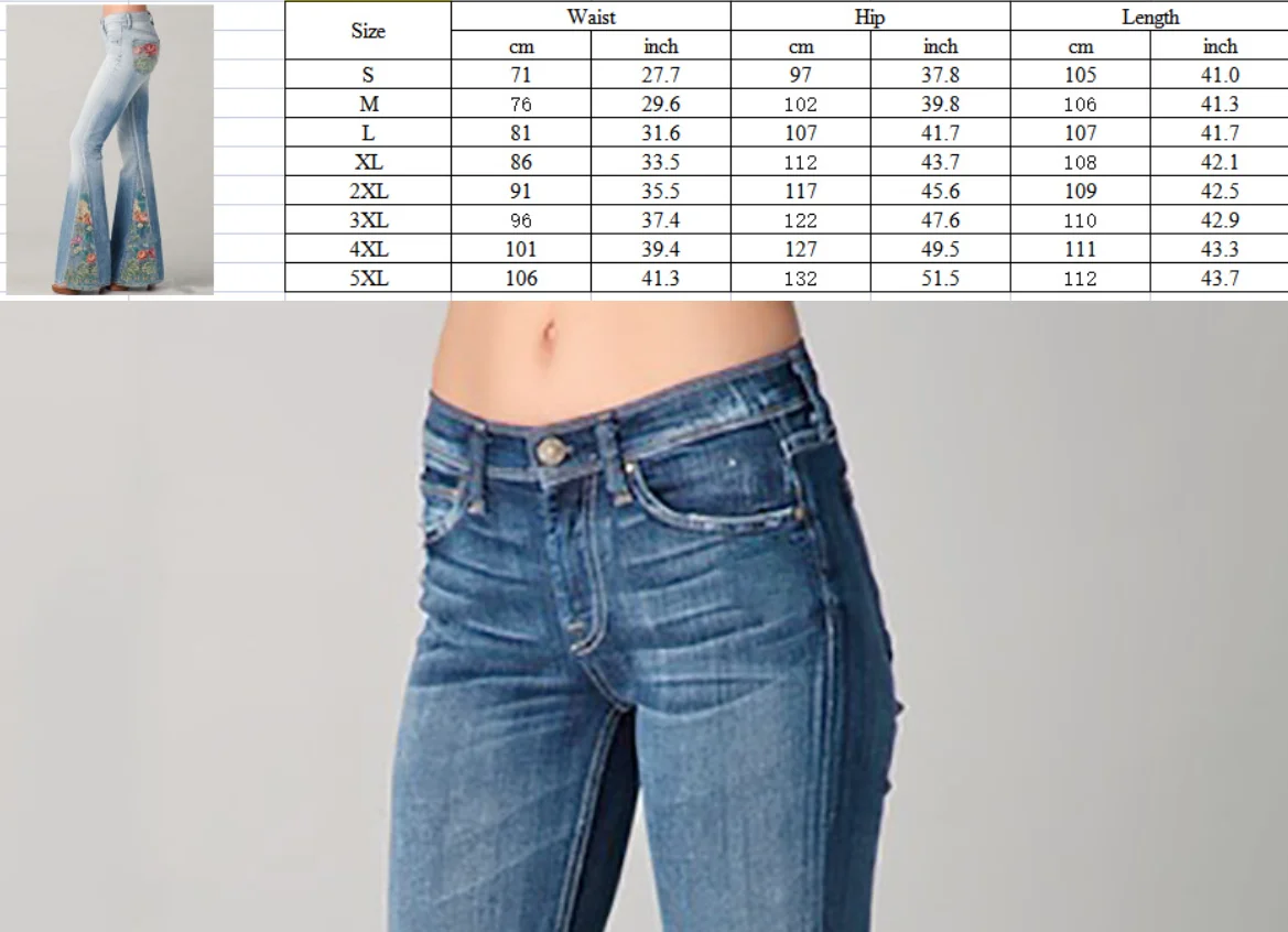 بنطال جينز نسائي مطبوع بخصر عالٍ ومتوهج من قماش الدنيم بوهو عتيق بأرجل واسعة للحفلات والملابس اليومية