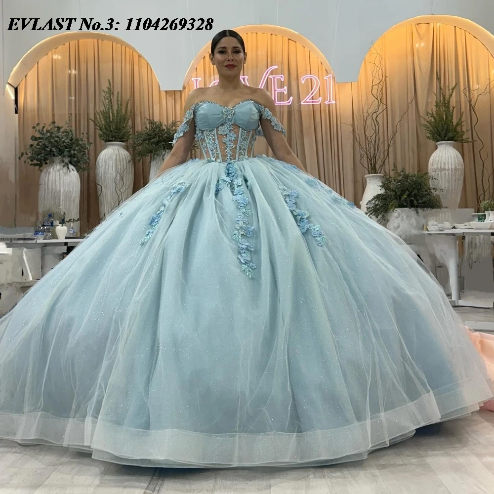 EVLAST personalizado princesa azul cielo Vestido para quinceañeras Vestido De baile apliques florales corsé con cuentas dulce 16 Vestido De 15 Anos E3Q366