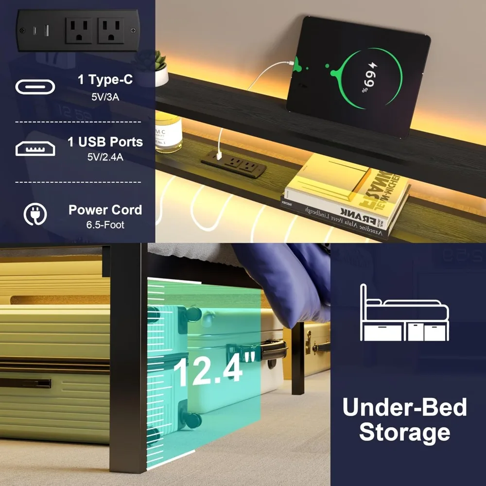 إطار سرير معدني مزدوج الحجم مع لوح رأسي، وإضاءة LED ومحطة شحن، لا يتطلب صندوق زنبركي، وتجميع هادئ وبسيط