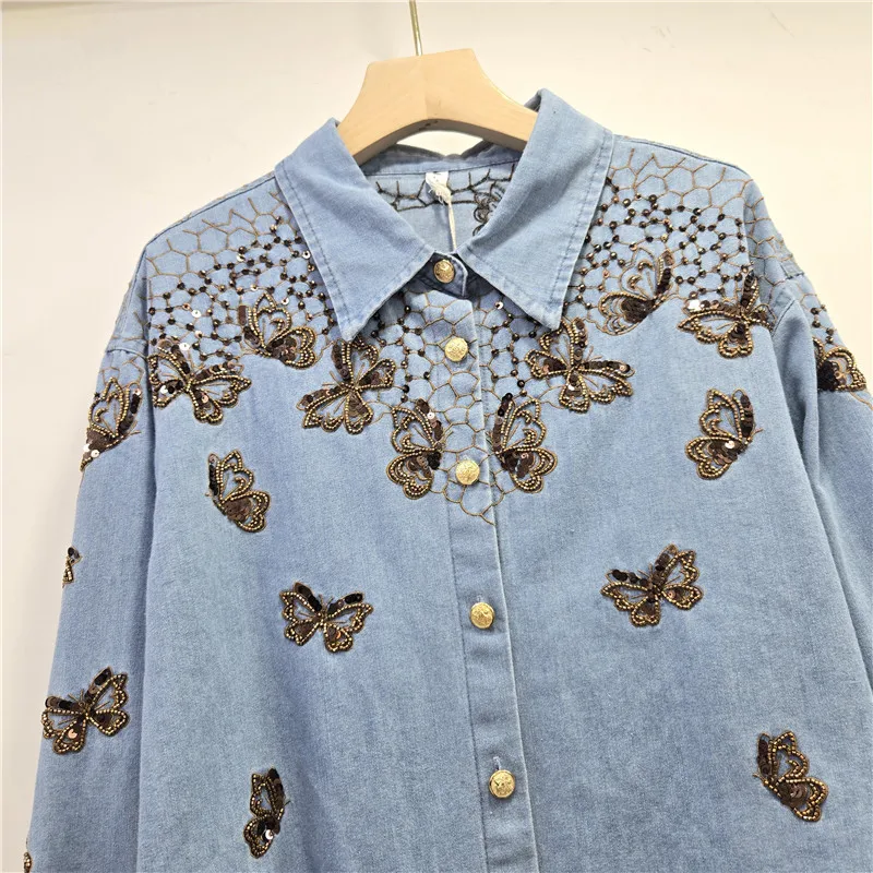 ANJY Wiosna Jesień Nowa Damska Modna Koszula Jeansowa Y2K z Grubym Haftem, Rozkloszowany Krój, Luźna, Casualowa, Elegancka, Retro Kurtka A17561