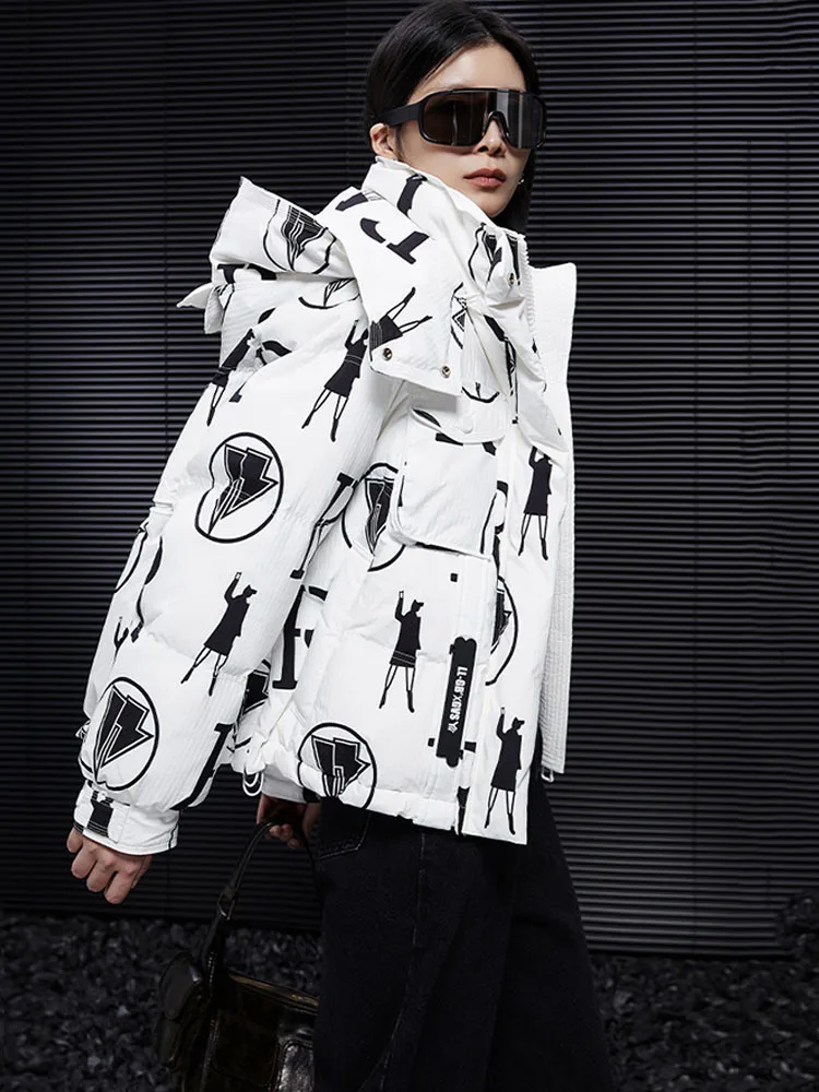 2024 Winter New Korean Print Thicken Down Jacket White Duck Down Hooded Fashion Short Coat Women's Warm Thicken Parkas Overcoat