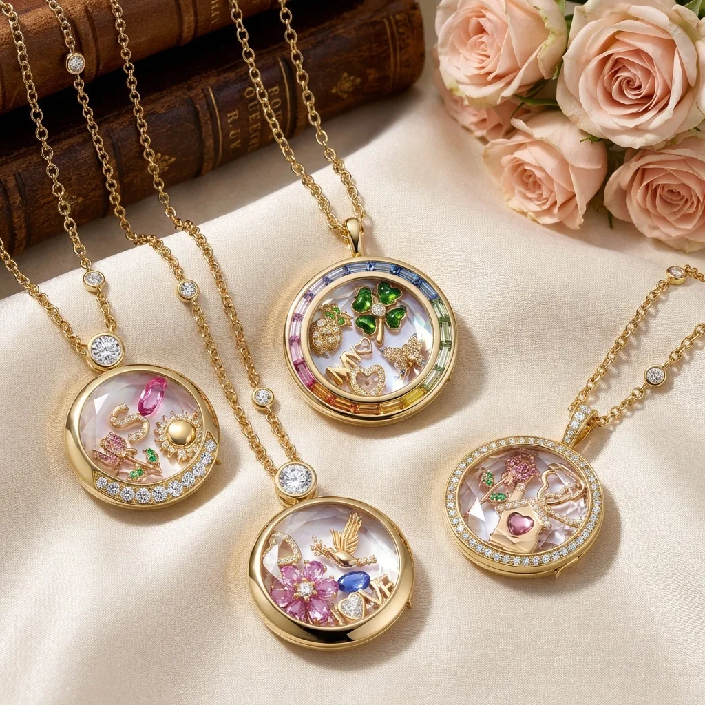 Hot Sale Glass Open and Close Necklace DIY Accessories Hollow Design Openable Photo Box Color Zircon 14k