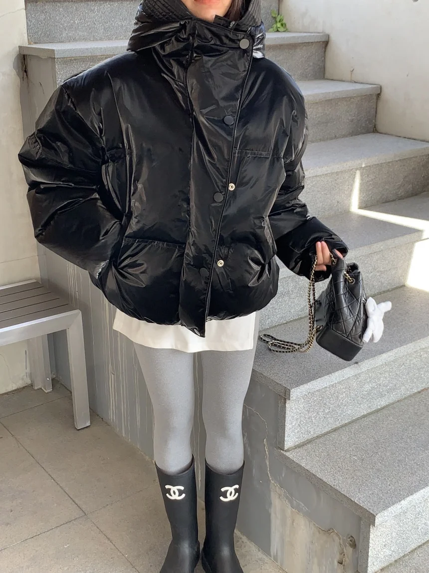 

iny Surface down Cotton Jaet Women's Hooded Loose Slimming Autumn Winter Thiened Warm Puffy Baseball Coat