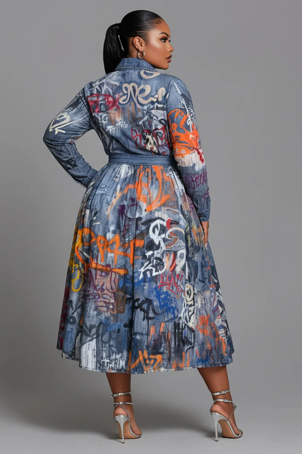 بالإضافة إلى حجم الأعمال عارضة الأزرق في جميع أنحاء طباعة التفاف الرقبة طويلة الأكمام جيب عارضة الدنيم فساتين متوسطة الطول