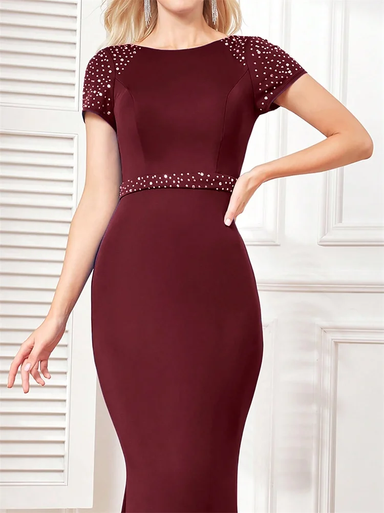 فستان سهرة رسمي أنيق برقبة دائرية مطرز بالخرز باللون الأحمر حورية البحر 2025 نسائي بأكمام قصيرة للحفلات ماكسي طويل فساتين كوكتيل فاخرة