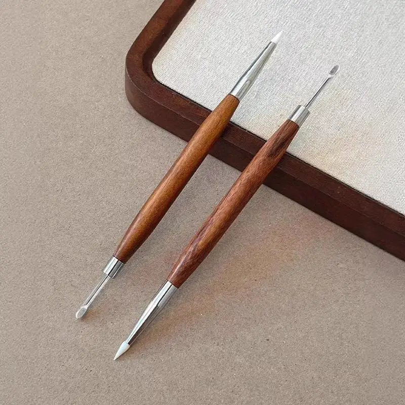 *Double Head Wooden Nail Art Brush 2 in 1 Silicone Carving Painting Pen for Manicure Salon 3D Design Tool Set