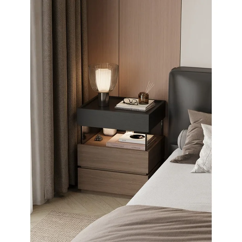 #Home Black tea bedside table Italian minimalist bedside table 40cm small bedroom three drawers solid wood storage locker