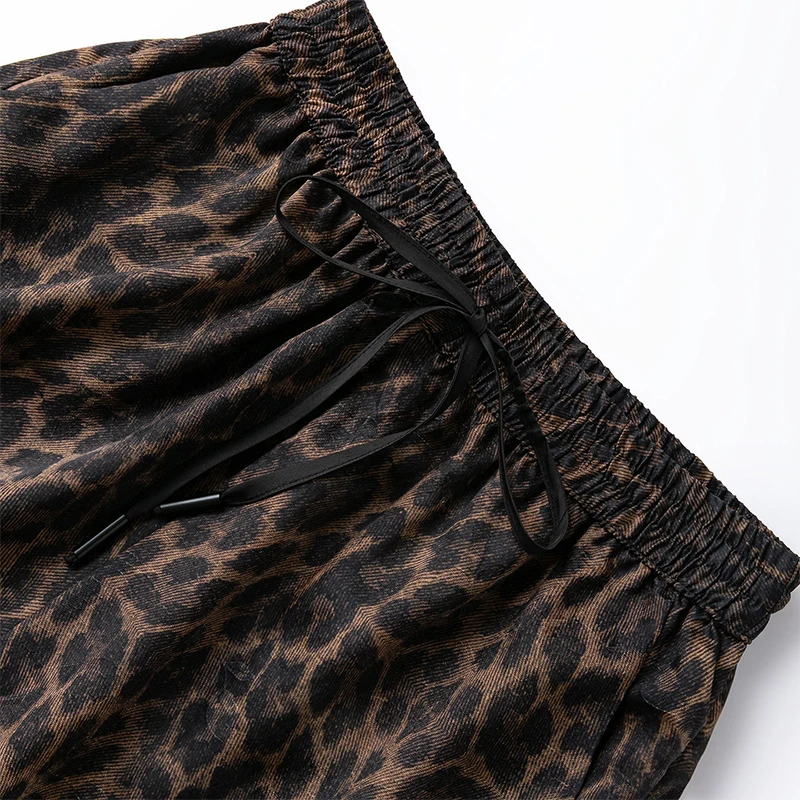 100% Mulberry Silk Gambiered Canton Gauze Silk Brown Leopards Printed Elastic Waist Women Casual Shorts Summer Beach M1607