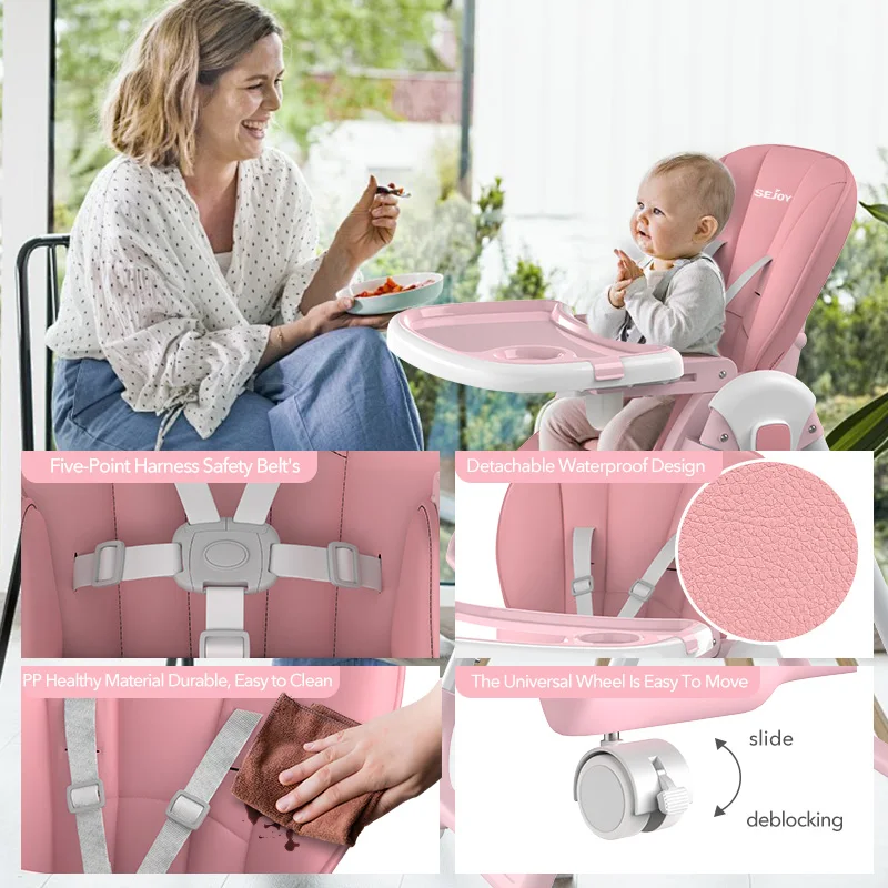 Sejoy Foldable High Chair for Baby Dining Table with Adjustable Backrest,Footrest,Tray,and Seat Height with wheel 6-36 Months