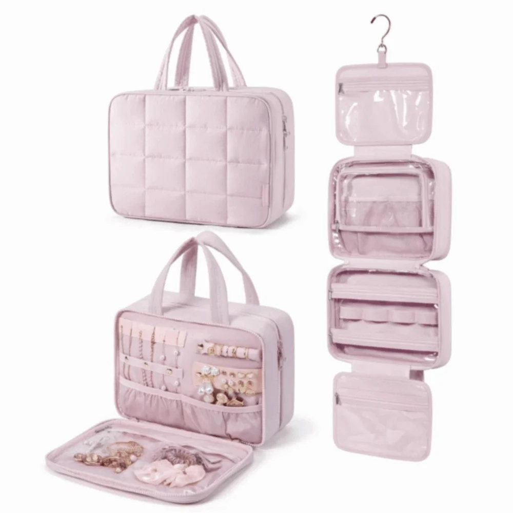 

Cloth Cosmetic Handbag Zipper Closure Handle Travel Toiletry Bag Multipocket Separate Dry and Wet Women Cosmetic Bag Travel Use