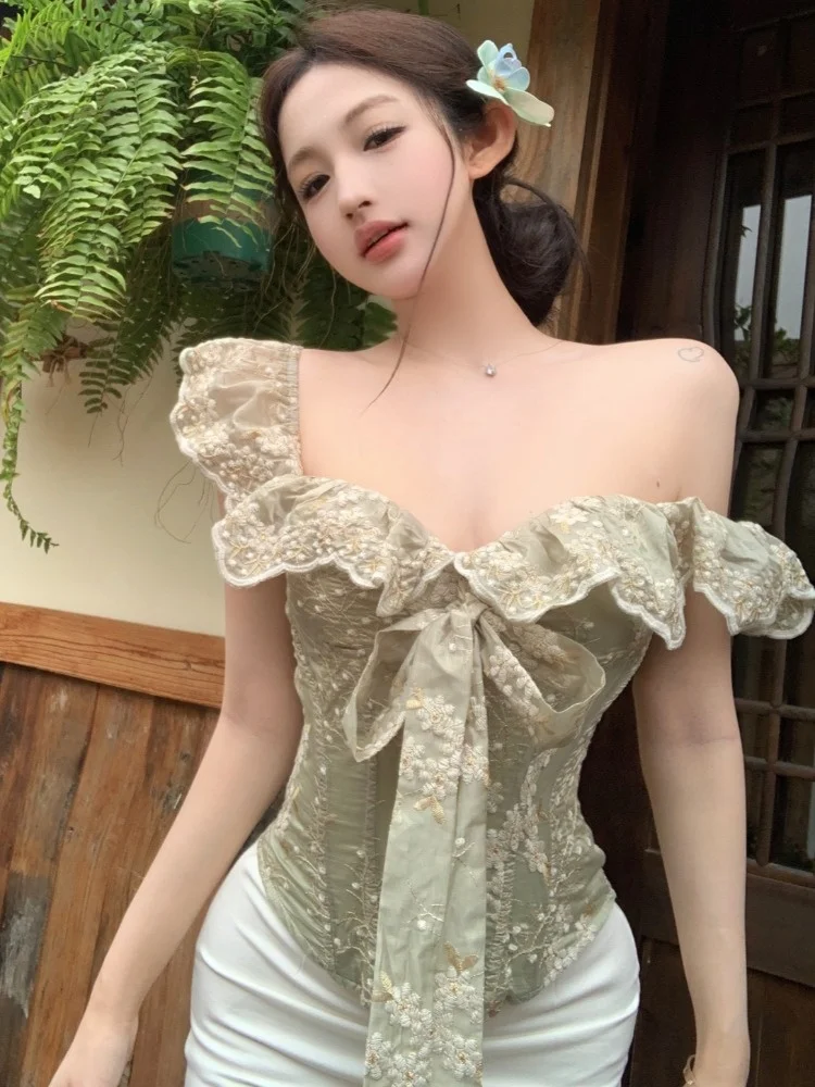 

Korean Style Slim One Shoulder Tube Top Summer New Lotus Leaf Fishbone Fashionable Chiffon Vest Women's Clothing