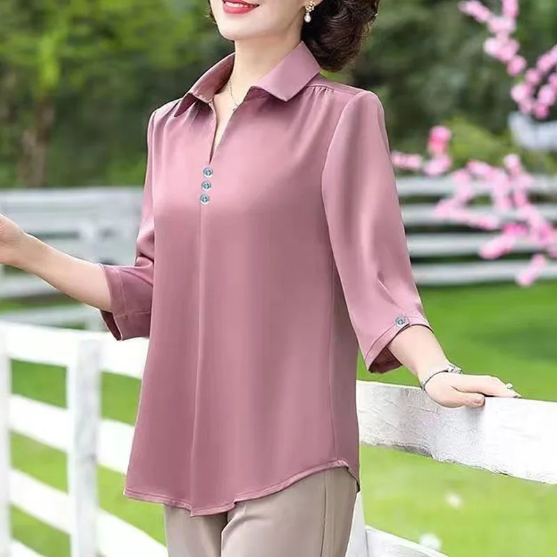 Elegant Vintage V-neck Solid Button Pullover Ladies Clothes 2023 Summer New Loose Comfortable Half Sleeve Tops Casual Shirt