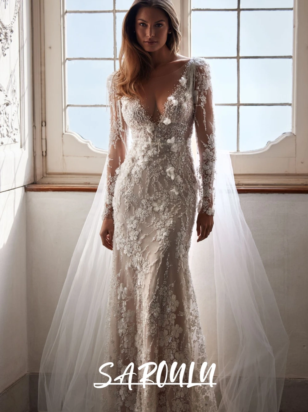 Sexy sheer neck sereia vestido de casamento apliques florais romântico vestido de noiva com capa longa frisado borla glam personalizado wear