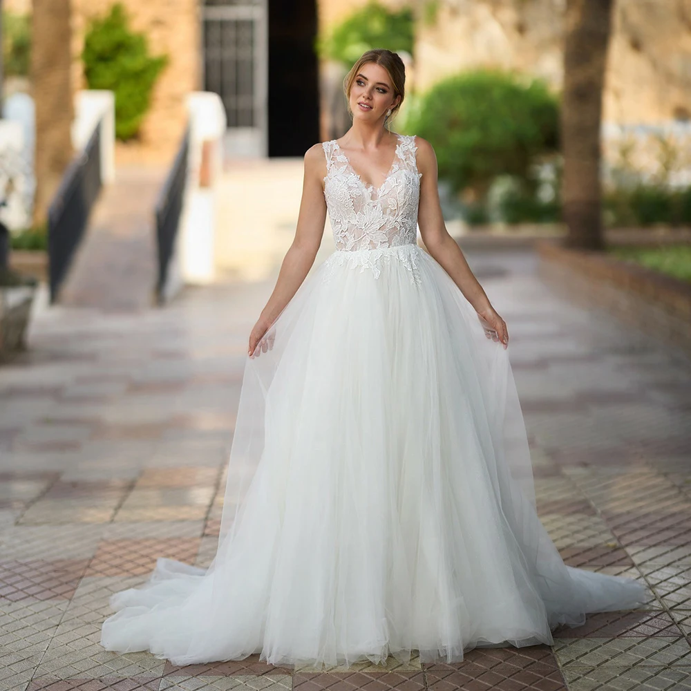 

2025 V Neck Wedding Dresses Lace Appliques Illusion Tulle Backless Bridal Gown Detachable Sleeves Brides Dresses Customized