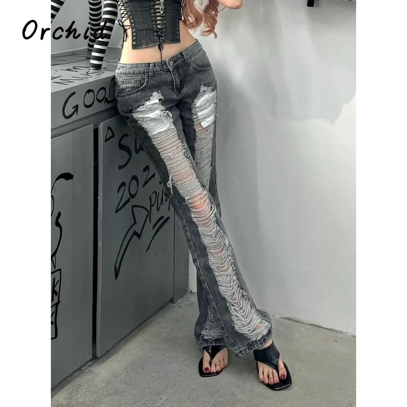 

Y2k Fashion Grey Ripped Skinny Jeans Harajuku Vintage Denim Trousers Japanese 2000s Style Emo Oversize Jeans Long Pants "