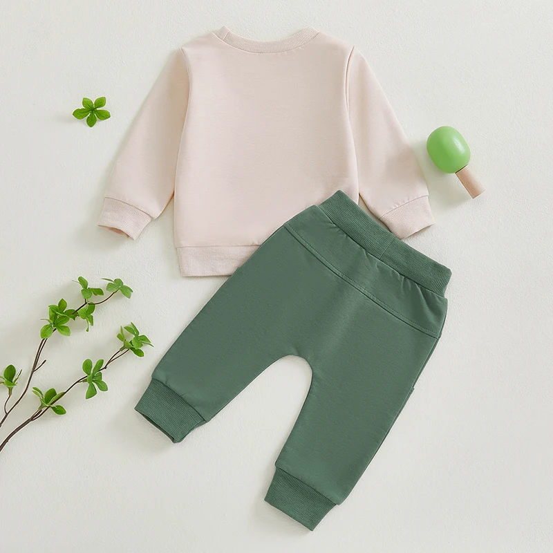 Stylish Irish-themed Boys Outfit with Long Sleeve O Neck Top featuring Letter Clover Car Print and Drawstring Pants in Solid