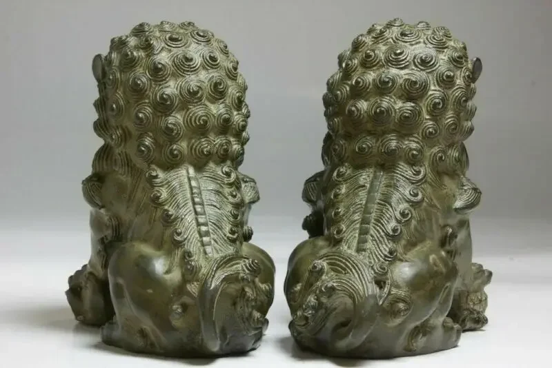 China Bronze Animals FengShui Foo Fu Dog Wealth Lion Ball Head Statue Pair