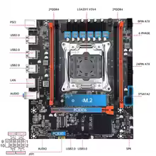 Diagrama técnico da placa-mãe Mougol X99 detalhando as conexões DDR4, soquete LGA2011, slots PCIe e portas traseiras