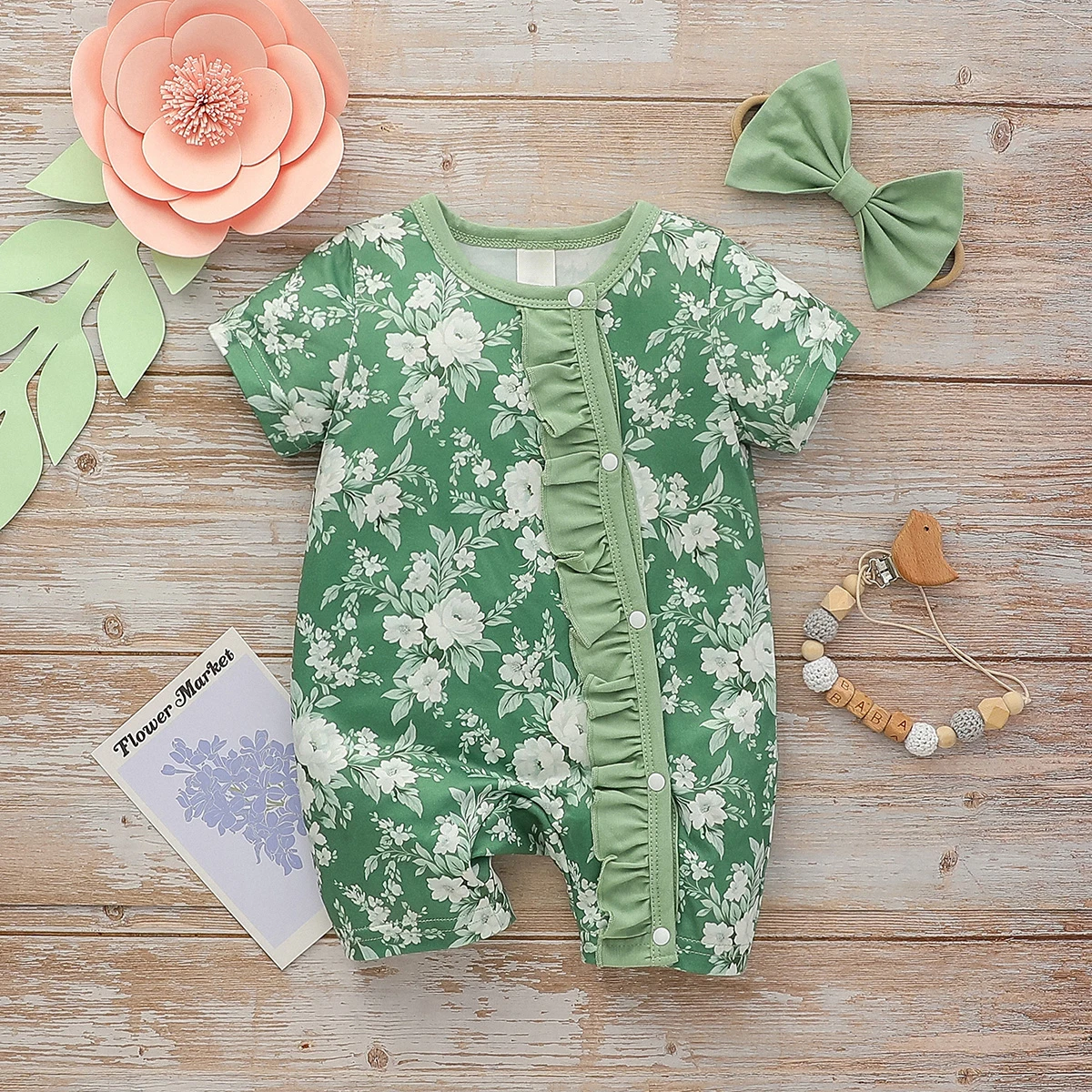 Floral Baby Girls Summer &Spring Short Sleeve Open Stitch Button Bodysuit Cute for Casual  Jumpsui+Headwar