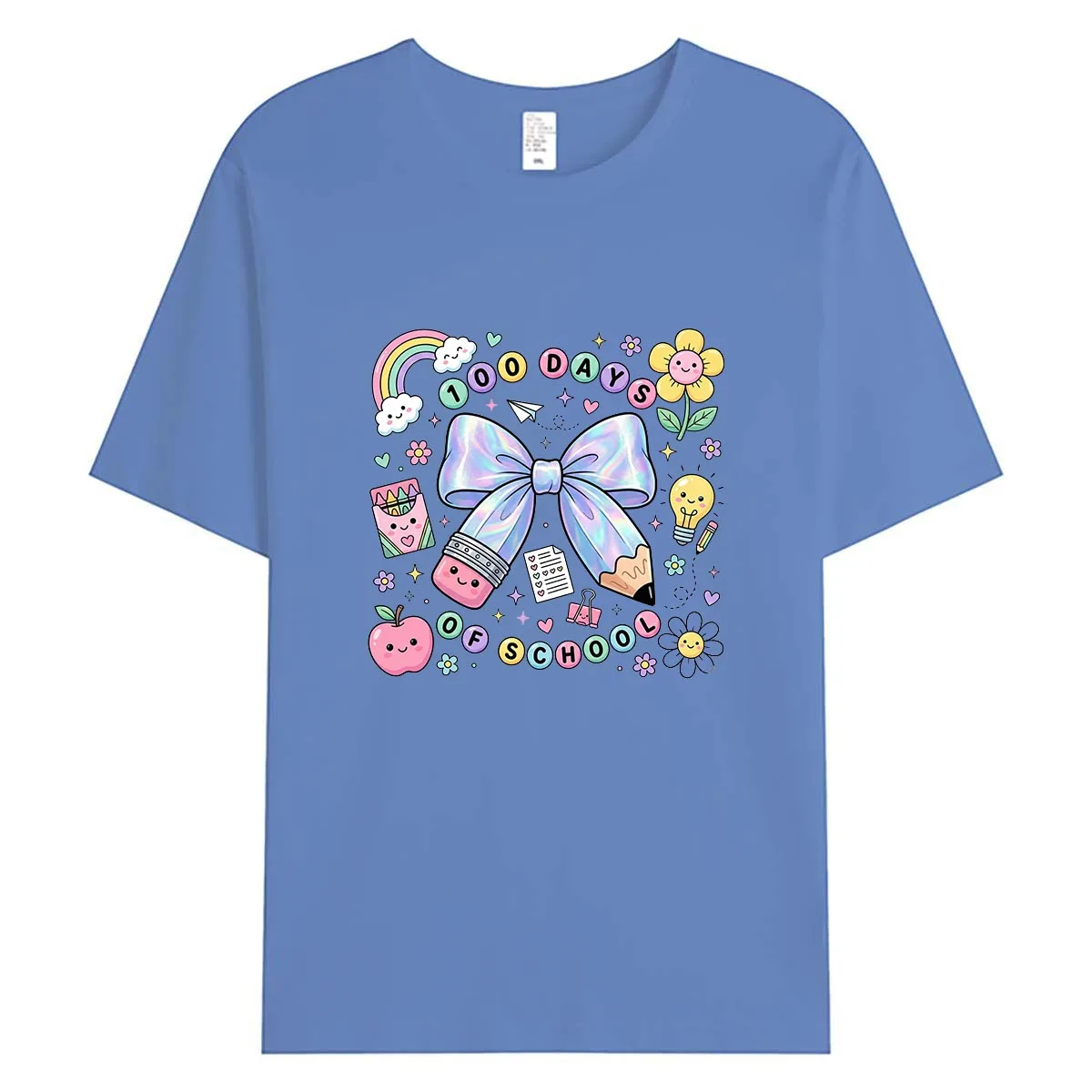 100 Days of School Celebration Women T-Shirt Cute Bow Rainbow Graphic Tee Teacher Student Summer Cotton Tops Casual
