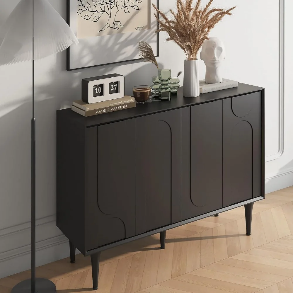 Modern Sideboard Buffet Cabinet, Accent Wooden Storage Cabinets with 2 Doors, Adjustable Shelves and Decorative Wave Panel Store