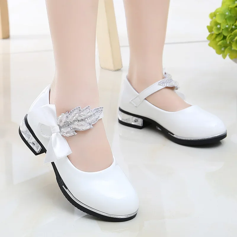 Kids Princess Shoes Solid Color Formal Versatile Girls Leather Shoes with Sweet Bow 2024 New Children Dance Dress Shoe for Party