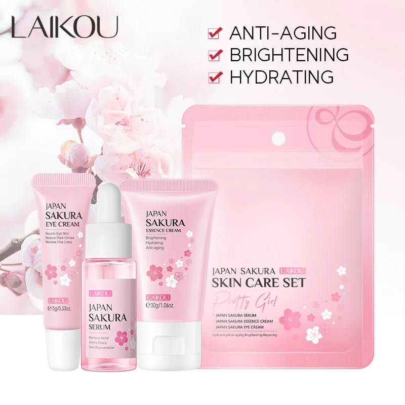 LAIKOU Sakura Nourish Brightening Moisturizing Skin Care Serum Eye Cream Face Cream 3 Piece Set Fade Spots Firming Skin