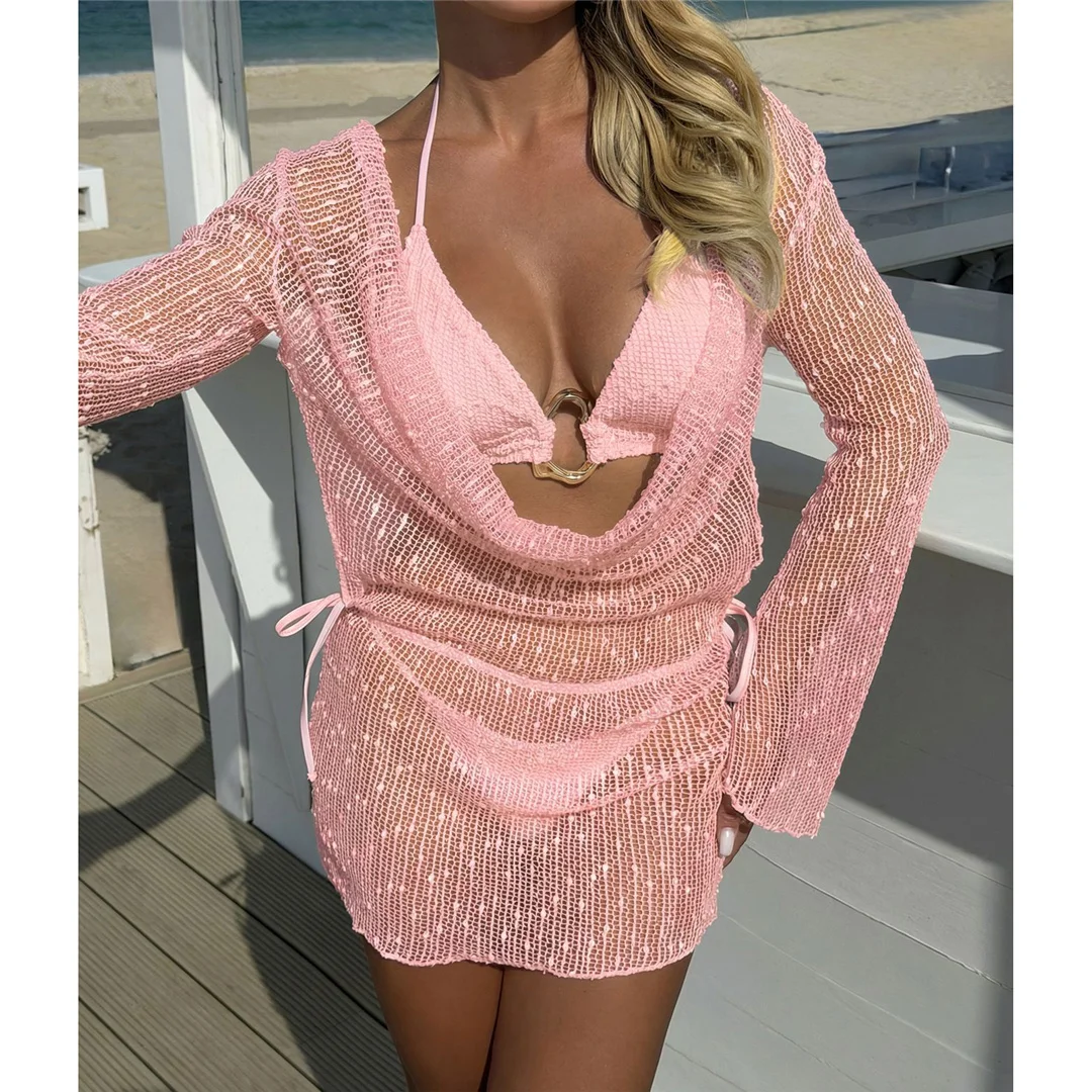 Sexy Neckholder-Bikini, Damen-Badeanzug, dreiteiliges Bikini-Set mit langärmeligem Kleid, Badeanzug, Badebekleidung, Schwimmanzug V7925C – Detail 9