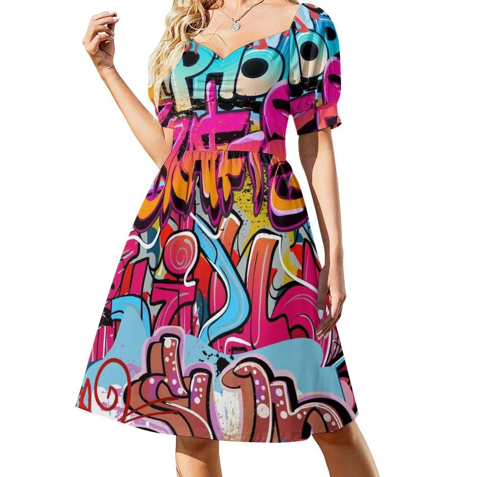 Graffiti Short Sleeved Dress Women's skirt elegant women's sets Dress