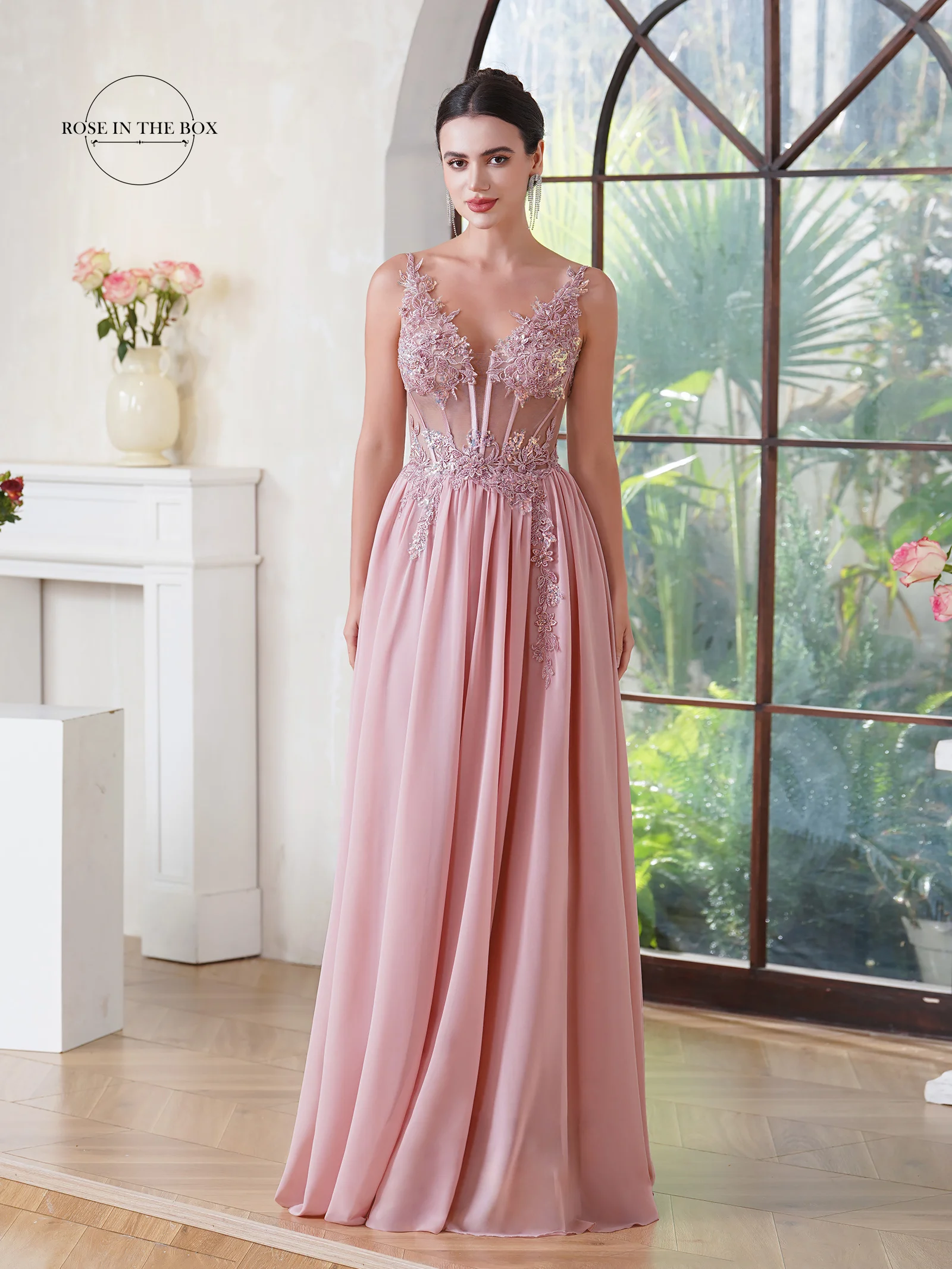 Dusty Pink Chiffon Prom Dresses Elegant Applique Spaghetti Straps Fish Bone Illusion Evening Formal Party Gown Vestido De Fiesta