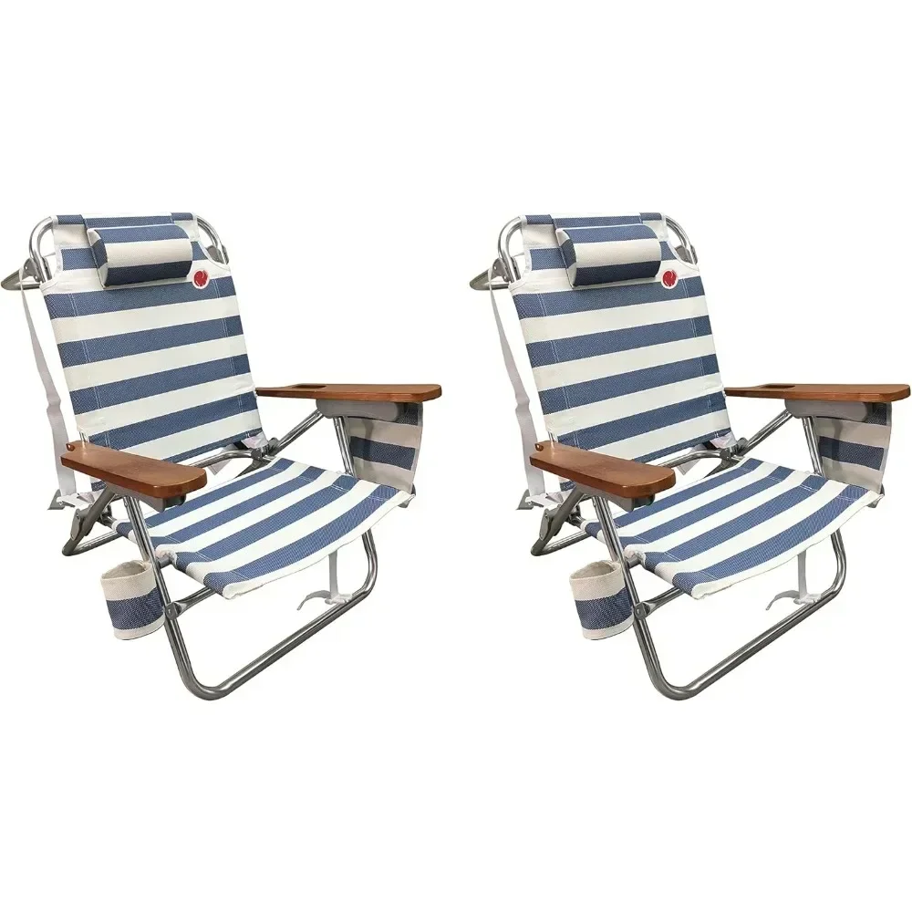 Designs Multi-Position Wood Arm Beach Chair| Headrest, Media Organizer Pocket, Cup Holder, textilene Fabric, Dual Backpack Carry