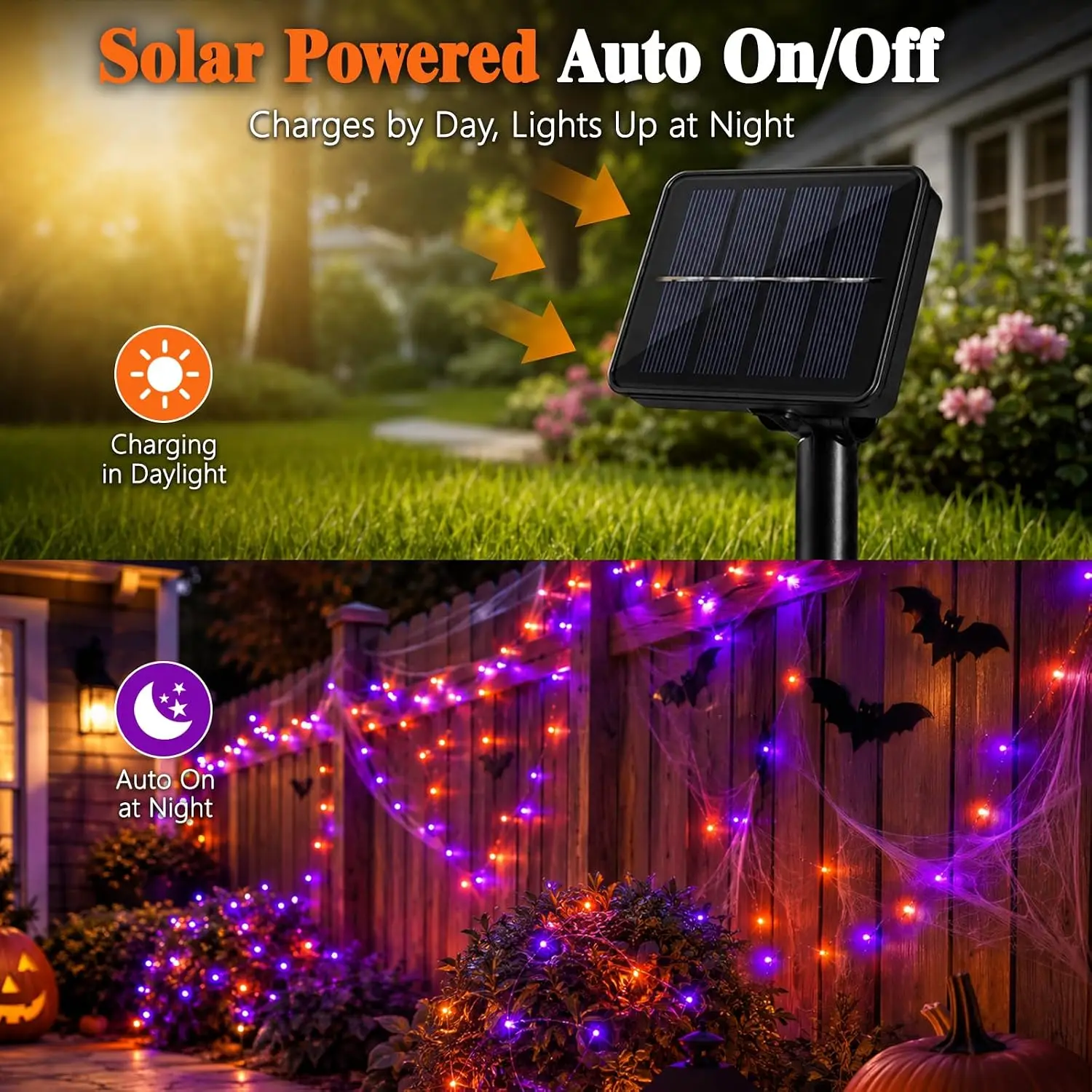 Halloween Solar Copper Wire String Lights Outdoor Waterproof Orange Purple LED Fairy Lights for Garden Porch Yard Party Decor