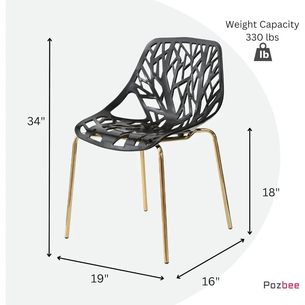 Modern Black Dining Chairs Set of 4, Birch Sapling Cut-Out Chairs, Elegant Kitchen Chairs with Gold Legs, Dining Chair