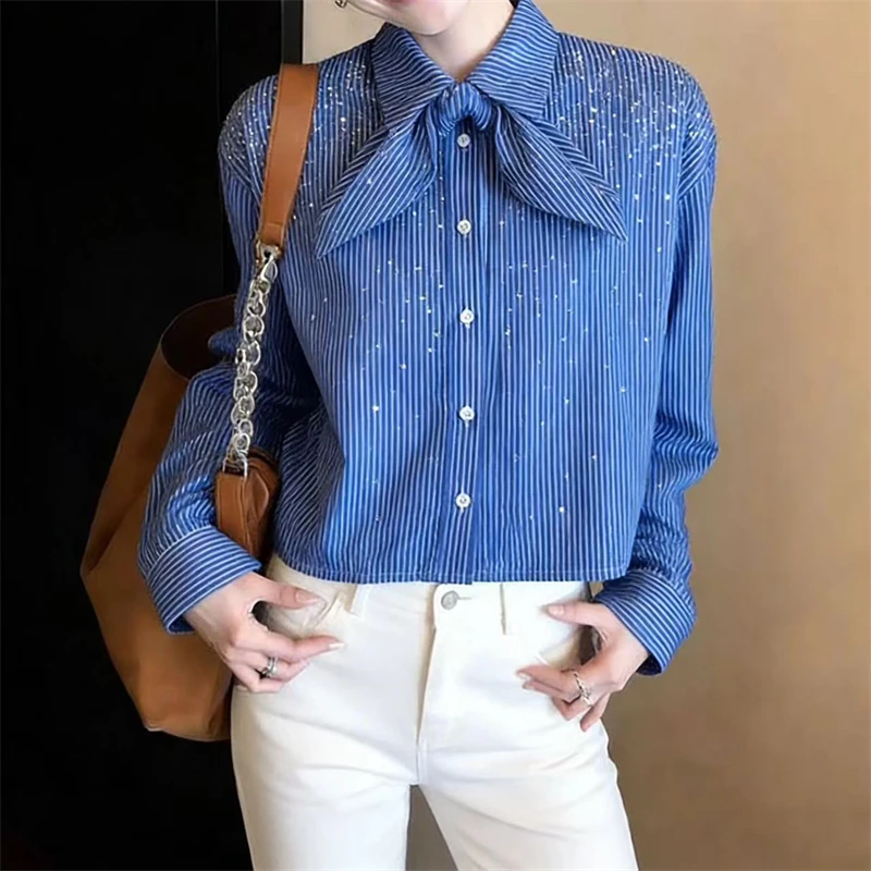Spring 2026 Women's Striped Heavy Rhinestone Collar Butterfly Knot Sash Long Sleeve Shirt High Quality Loose Shoulder Shirt Top