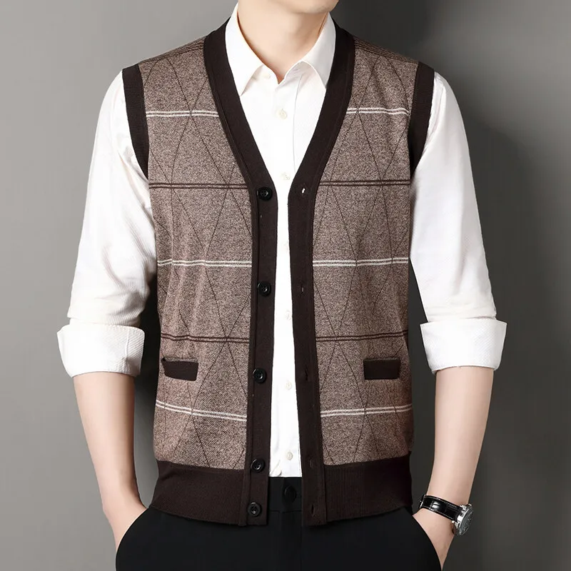 

New Mens Knitted Sweater Vest Sleeveless Classic V Neck Sweater Vest Button Front Knit Cardigan Vest