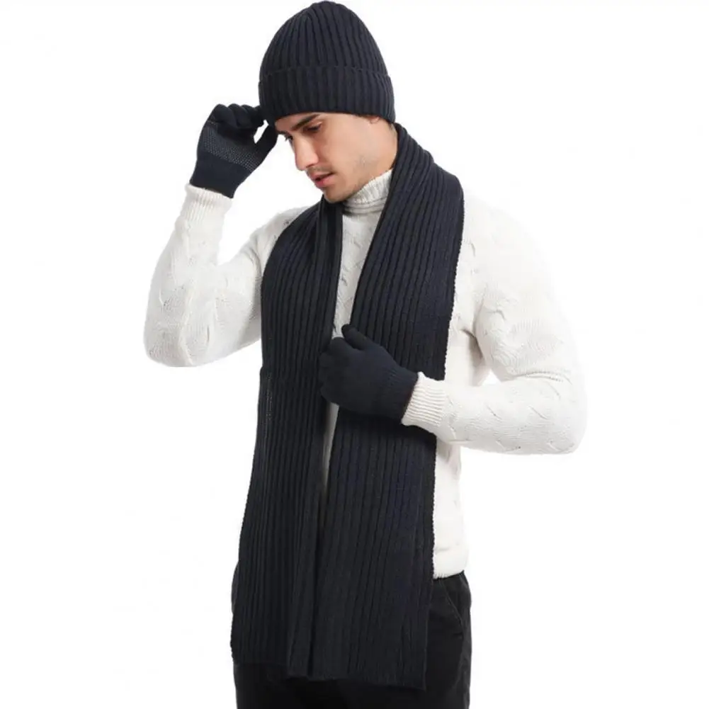 

Warm Hat Scarf Gloves Set 3-piece Winter Hat Scarf Gloves Set for Unisex Striped Solid Color Thick Warm Elastic Anti-slip Neck