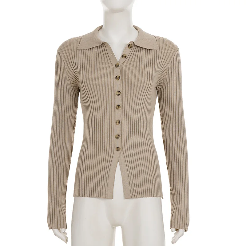 سترة نسائية للخريف والشتاء ذات ياقة بسيطة - لون سادة وأزرار سفلية بقصة ضيقة وحاشية مقسمة، ملابس تريكو عصرية أنيقة غير رسمية