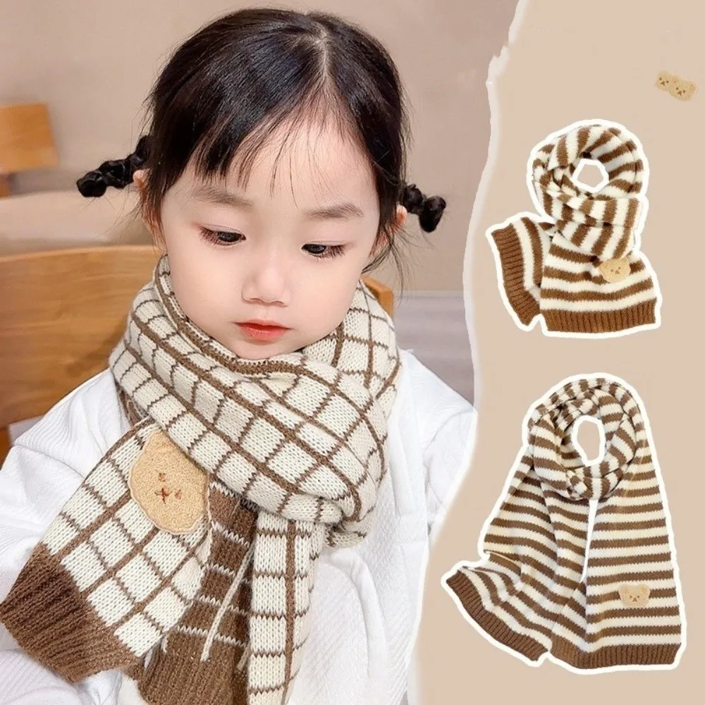 かわいいかわいいクマの子供用スカーフ冬暖かい防風ストライプニットスカーフ通気性のあるソフトネックカバー