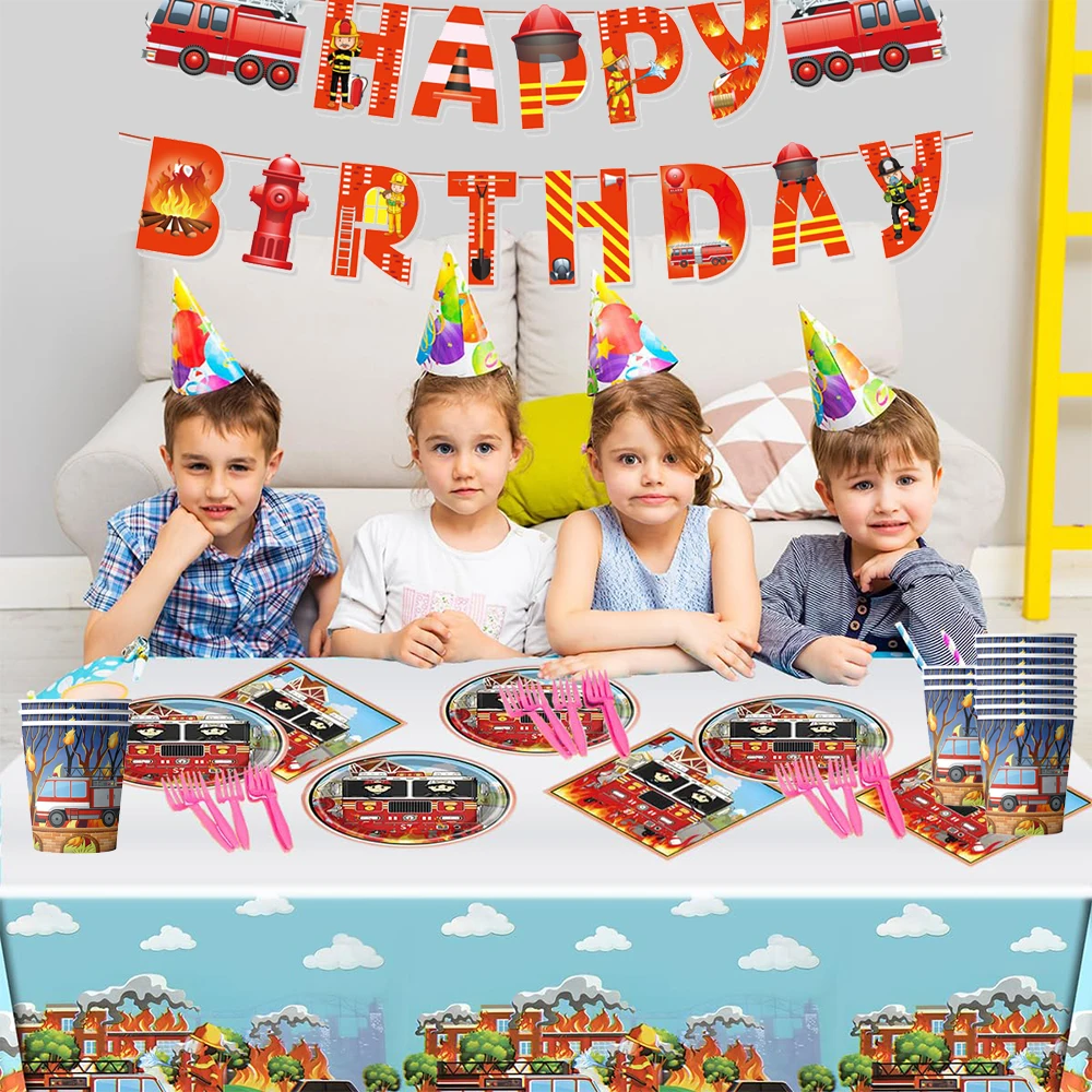 Fire Truck Birthday Decoration Fire Engine Foil Balloon Firetruck Latex Balls Happy Sign Banner Kids Boys Fireman Party Supplies