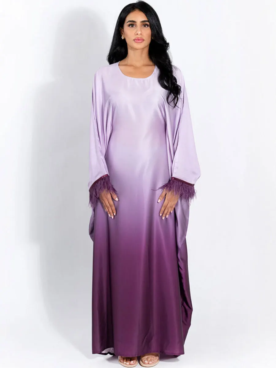 Dubai Ombre Party Waist O-Neck Batwing Sleeve Long Dresses For Muslim Woman With Feathers And Belt Moroccan Saudi Abaya Fashion