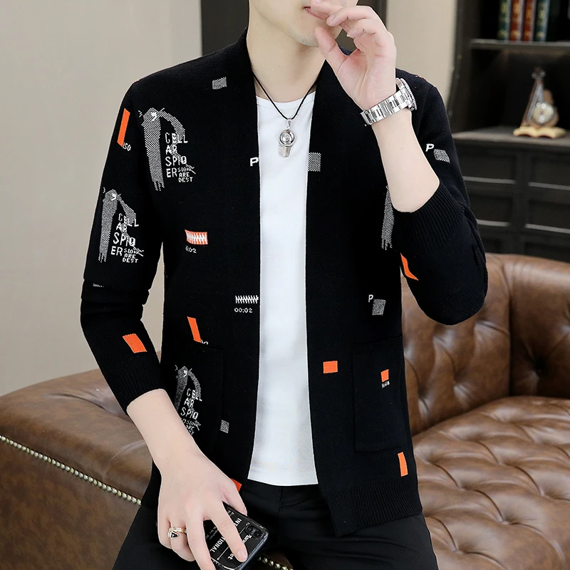 

Модный повседневный мужской вязаный кардиган-свитер для весны и осени, стильная верхняя одежда с длинным рукавом, V-образным вырезом, из полиэфирного волокна, молодежная одежда