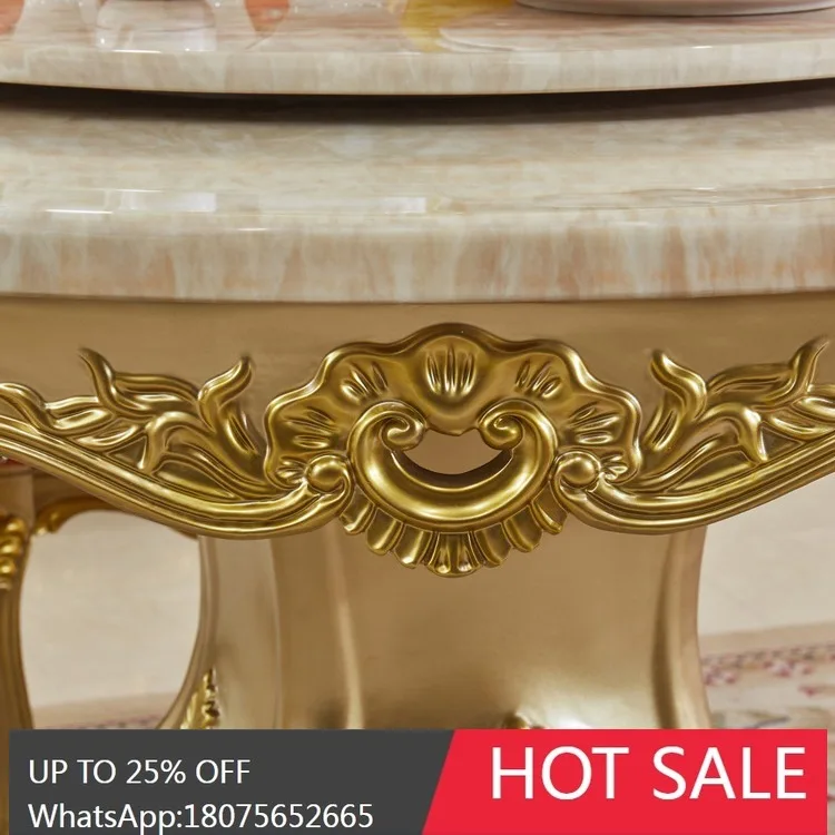 SGF European Style Marble Dining Table and Chair Set Luxury Carved Round Table with Turntable
