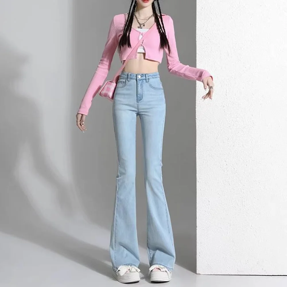 

Утягивающие расклешенные джинсы с высокой талией, стиль 2025 для женщин, эластичная грушевидная фигура, весна-осень, черный дизайн лошади