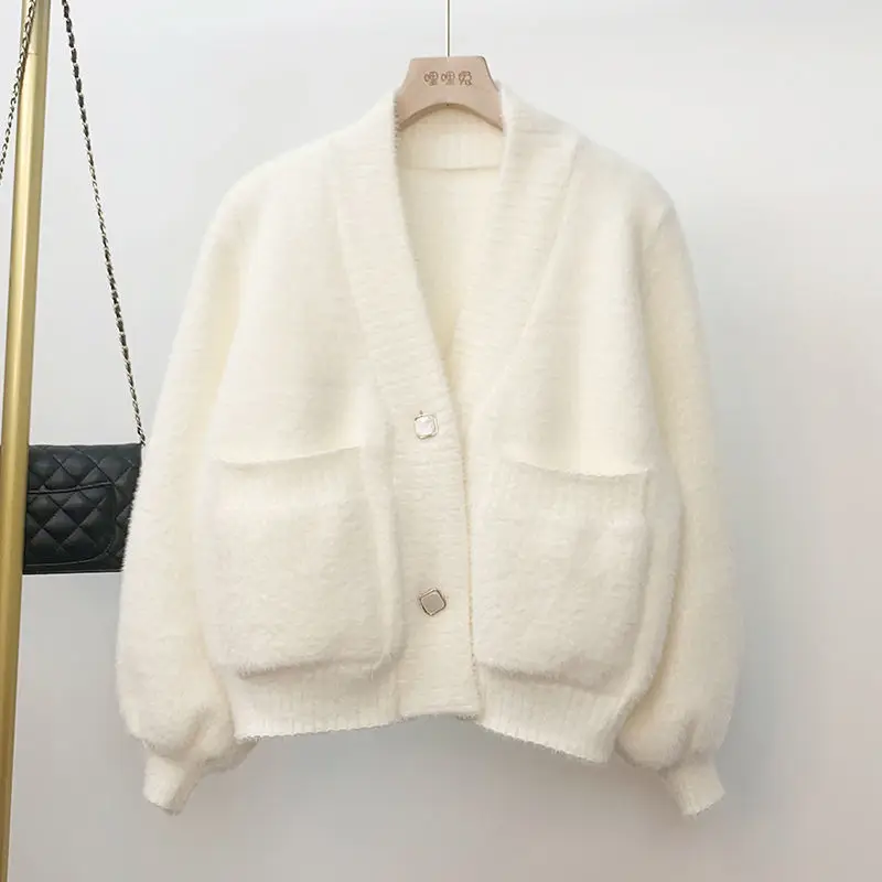 Nieuwe herfst winter korte V-hals gebreid vest voor dames imitatie nertsen losse verdikte trui jas